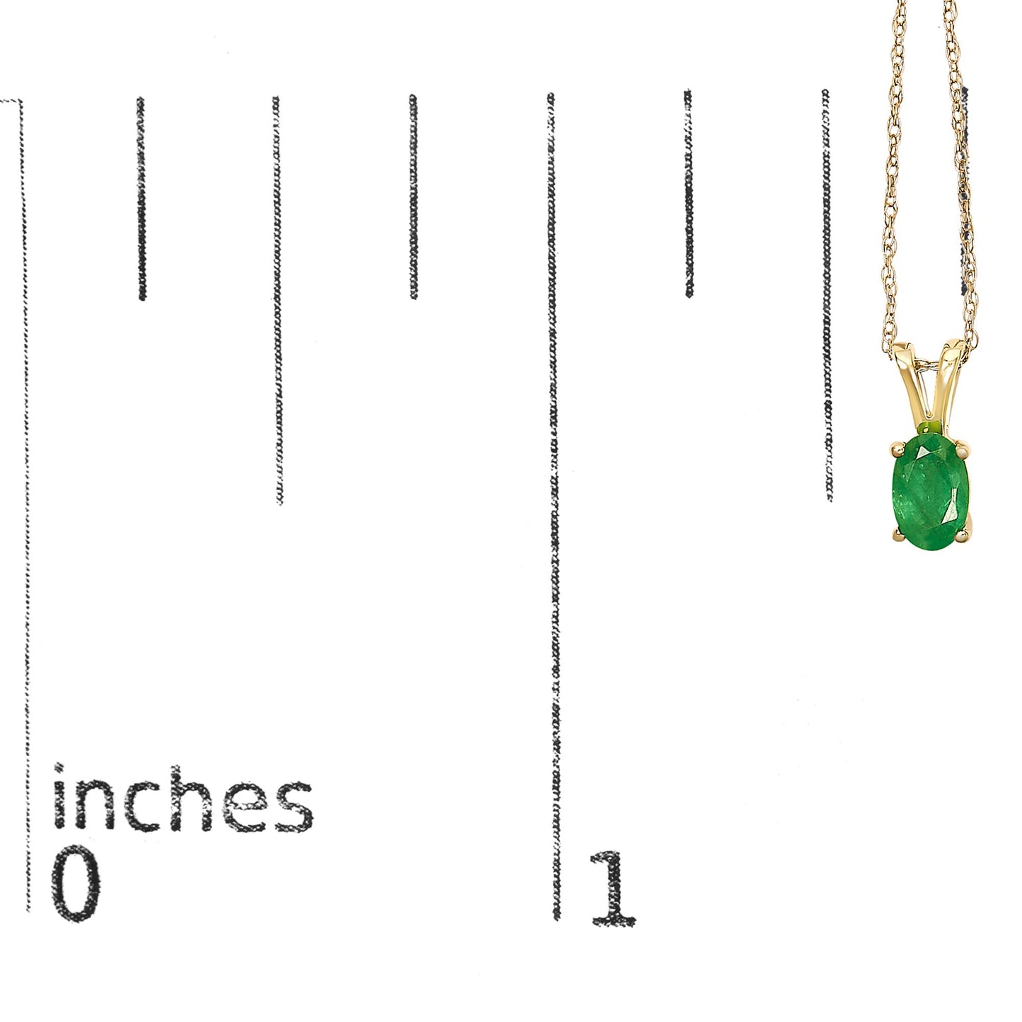 Close-up front angle of a yellow metal necklace with an oval green gemstone set in a four-prong setting, shown on a scale.