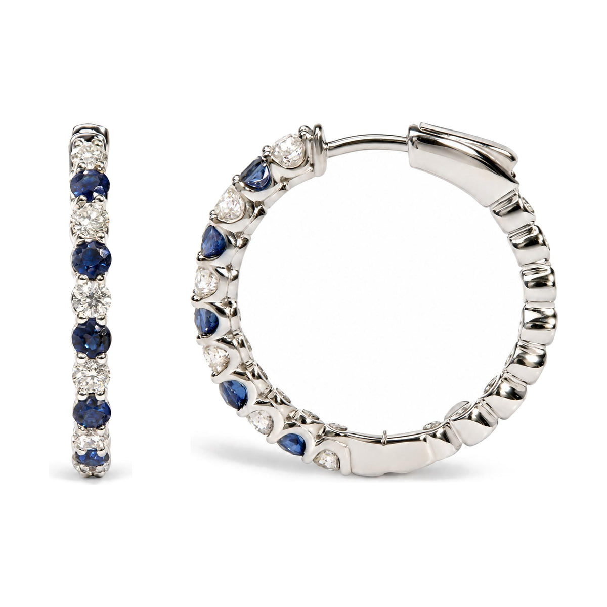 Close-up front and side angle of a white metal hoop earring featuring round white gemstones and round blue gemstones in prong settings.