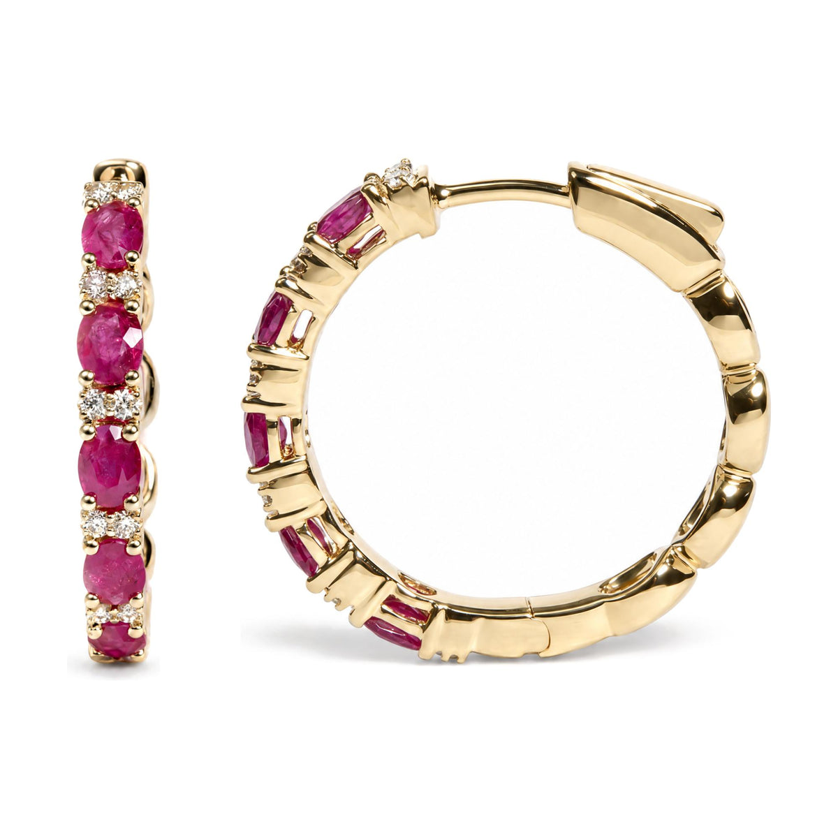 Close-up front and side view of a pair of yellow metal hoop earrings featuring prong-set round white gemstones and oval red gemstones along the outer edge, shown on a white background.
