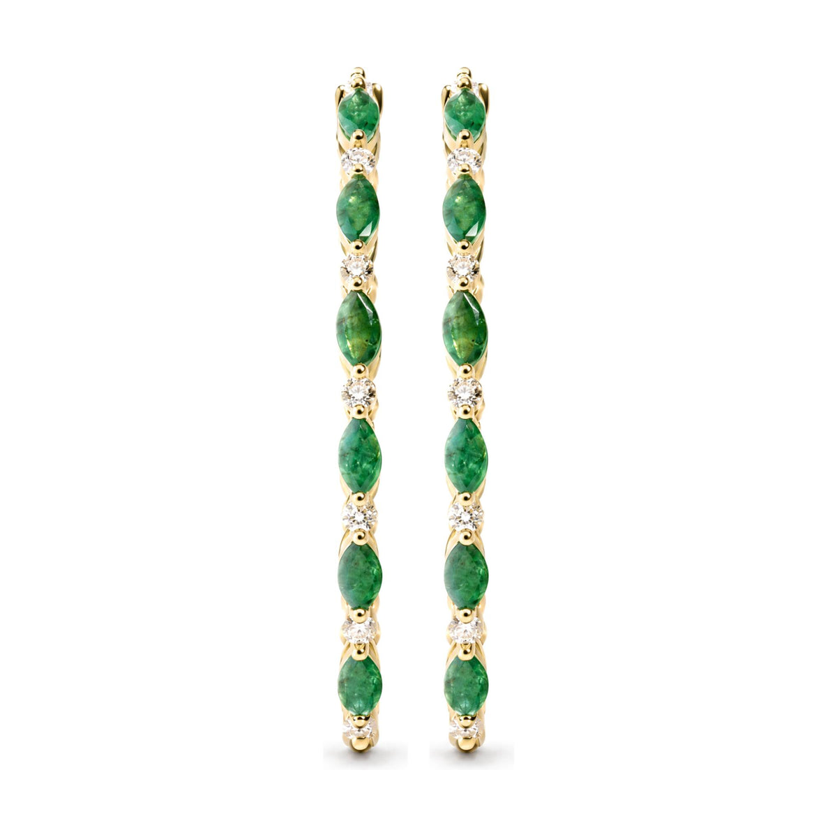 Close-up front view of a pair of yellow metal hoop earrings featuring alternating marquise-shaped green gemstones and round white gemstones in prong settings.