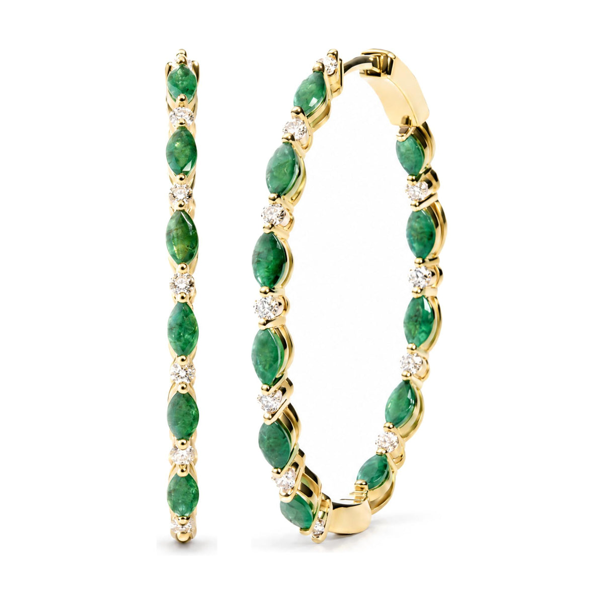 Close-up front and side angle of yellow metal hoop earrings set with alternating green marquise-shaped gemstones and white round gemstones in prong settings.