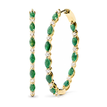 Close-up front and side angle of yellow metal hoop earrings set with alternating green marquise-shaped gemstones and white round gemstones in prong settings.