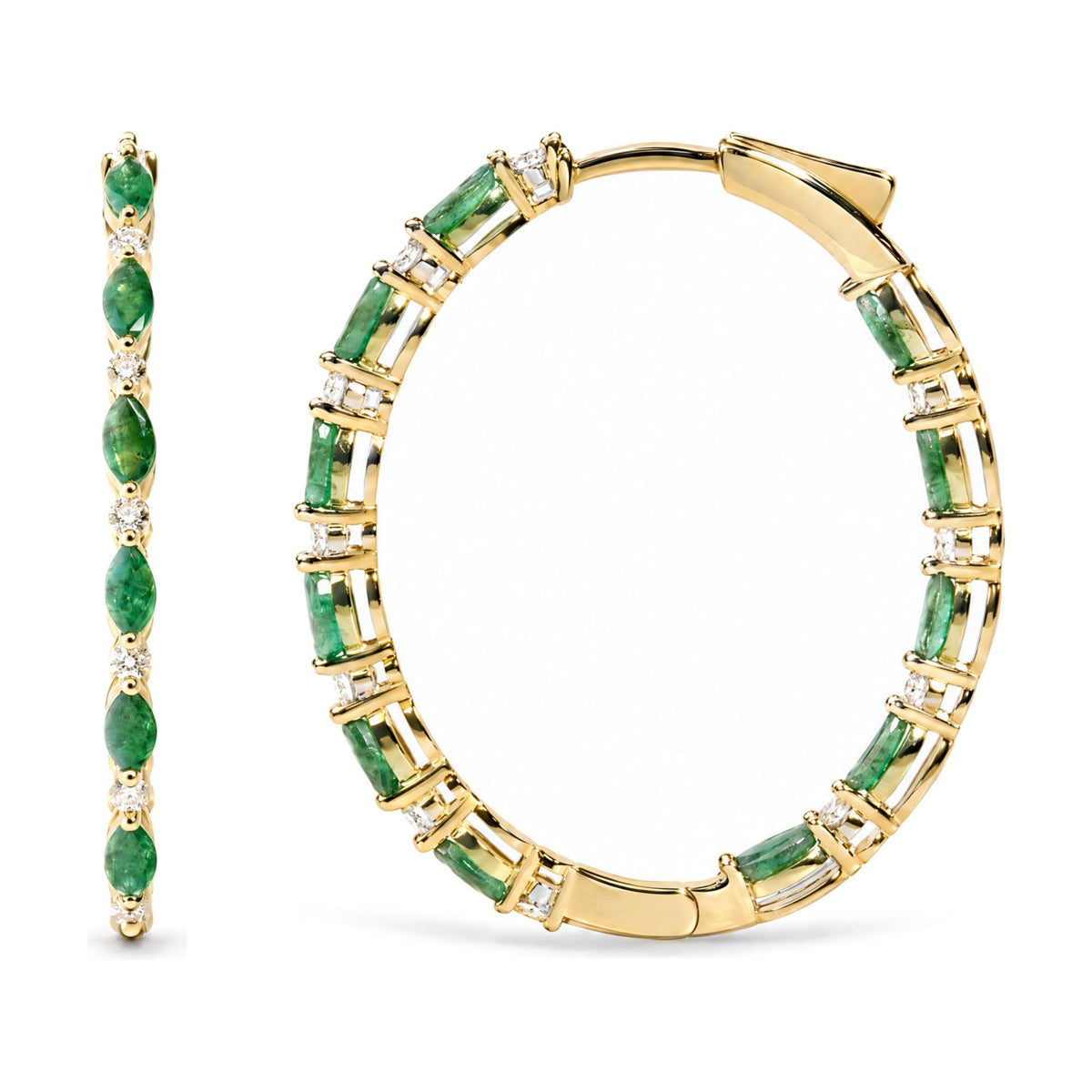 Pair of yellow metal hoop earrings with alternating marquise-shaped green gemstones and round white gemstones in prong settings, shown in close-up angled side view.