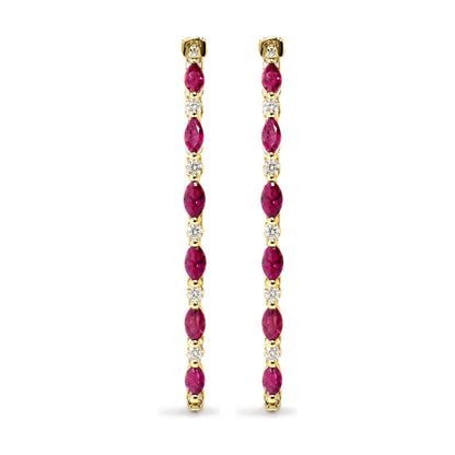 Front view of long yellow metal earrings with alternating marquise-shaped red gemstones and round white gemstones in prong settings, shown on a white background.