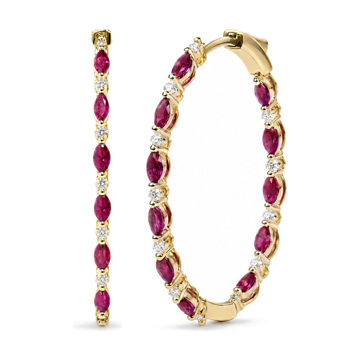 Close-up front and side angle of yellow metal hoop earrings featuring alternating red marquise-shaped gemstones and white round gemstones in prong settings.