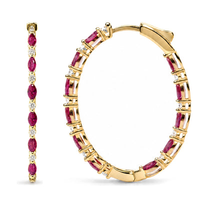 Close-up front and side angles of yellow metal hoop earrings shown on a white background, featuring alternating red marquise-shaped and white round-shaped gemstones in prong settings.