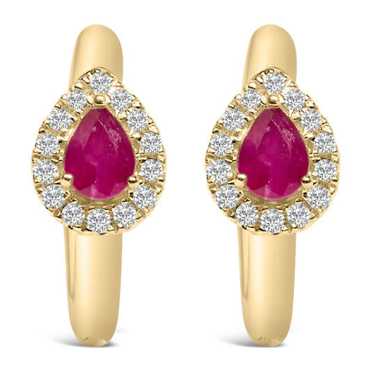 Front-facing close-up of a pair of yellow metal earrings with pear-shaped red gemstones surrounded by round white gemstones.