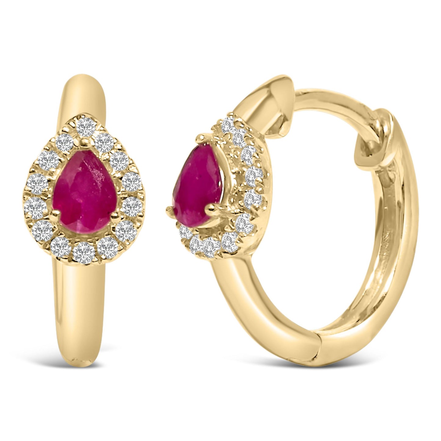 Close-up front and side views of yellow metal hoop earrings featuring pear-shaped red gemstones surrounded by small round white gemstones in prong settings.