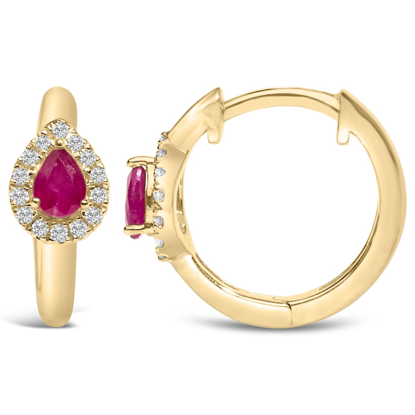 Close-up front and side views of a pair of yellow metal hoop earrings, each featuring a pear-shaped red gemstone surrounded by round white gemstones in a prong setting.