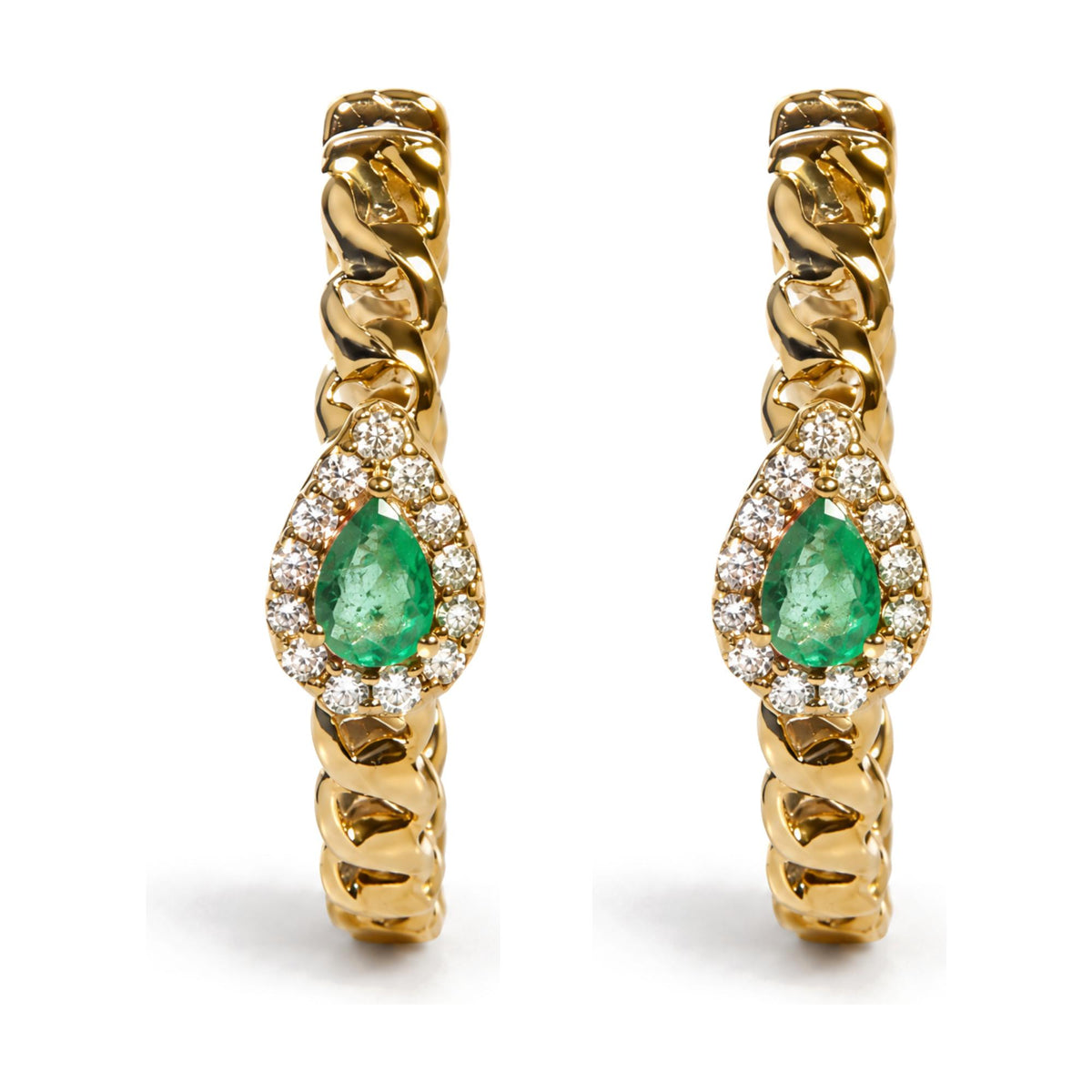 Close-up front view of a pair of yellow metal earrings featuring pear-shaped green gemstones surrounded by round white gemstones, with the upper part showing a twisted rope design.