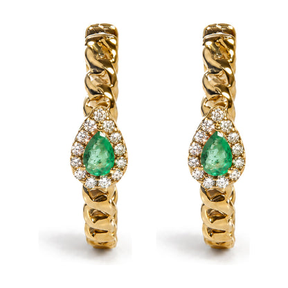 Close-up front view of a pair of yellow metal earrings featuring pear-shaped green gemstones surrounded by round white gemstones, with the upper part showing a twisted rope design.