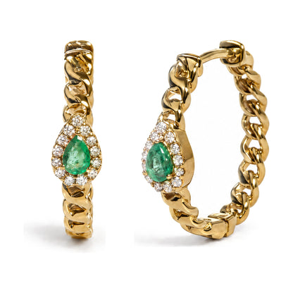 Close-up front and side view of yellow metal hoop earrings featuring pear-shaped green gemstones surrounded by round white gemstones, shown on a white background.