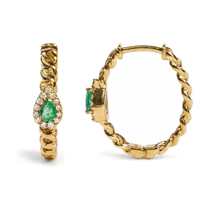 Close-up front and side view of yellow metal hoop earrings with twisted design, featuring pear-shaped green gemstones surrounded by round white gemstones, shown on a white background.
