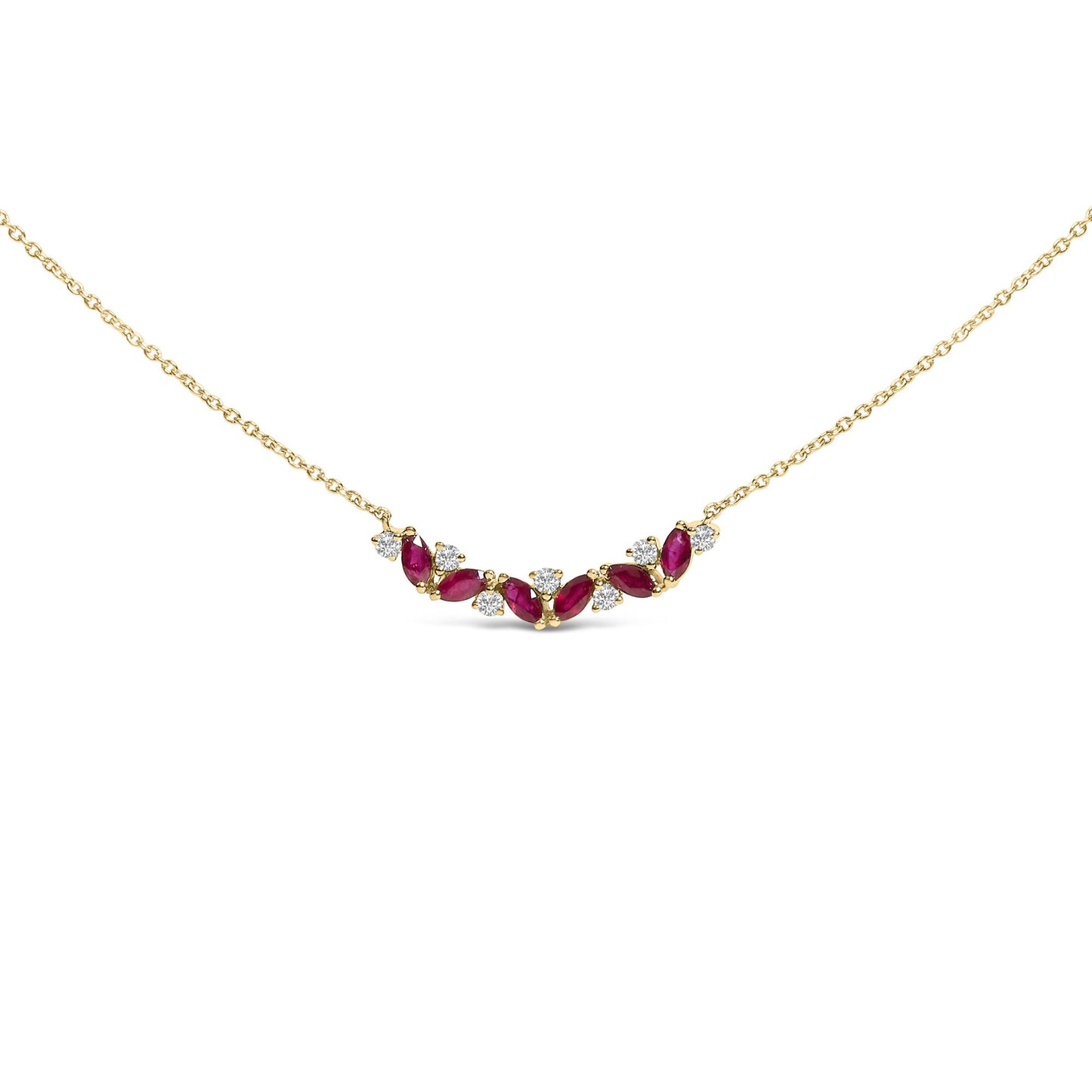 Yellow metal necklace with a curved pendant featuring alternating marquise-shaped red gemstones and round white gemstones in prong settings, shown in a front-facing shot on a white background.