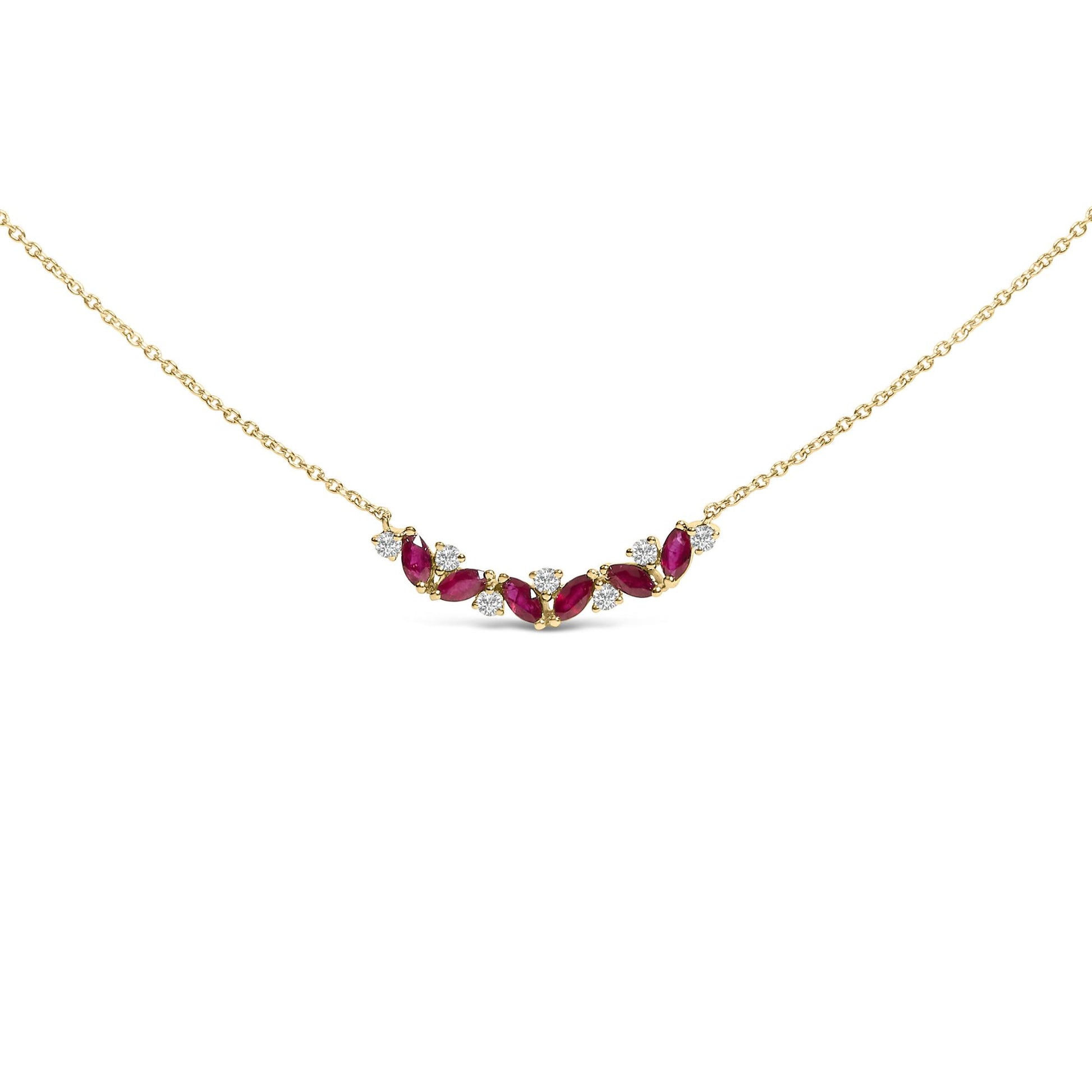 Yellow metal necklace with a curved pendant featuring alternating marquise-shaped red gemstones and round white gemstones in prong settings, shown in a front-facing shot on a white background.