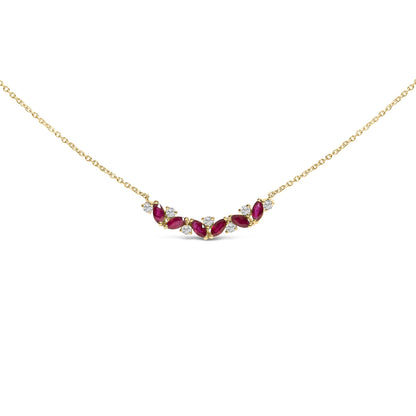 Yellow metal necklace with a curved pendant featuring alternating marquise-shaped red gemstones and round white gemstones in prong settings, shown in a front-facing shot on a white background.