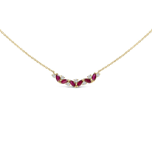 Yellow metal necklace with a curved pendant featuring alternating marquise-shaped red gemstones and round white gemstones in prong settings, shown in a front-facing shot on a white background.