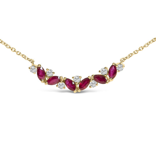 Yellow metal necklace with alternating marquise red gemstones and round white gemstones in a prong setting, shown from a front angle on a white background.