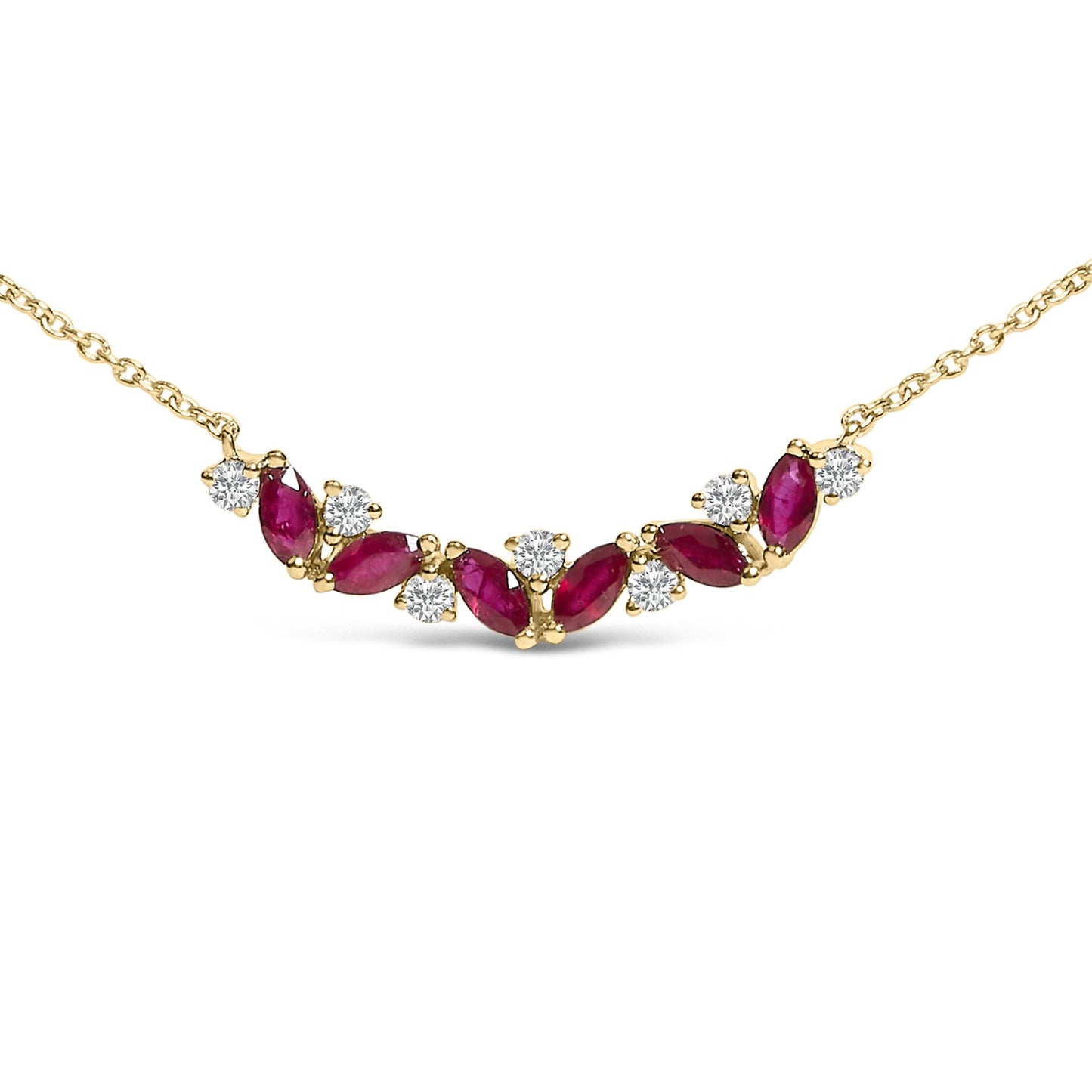 Yellow metal necklace with alternating marquise red gemstones and round white gemstones in a prong setting, shown from a front angle on a white background.