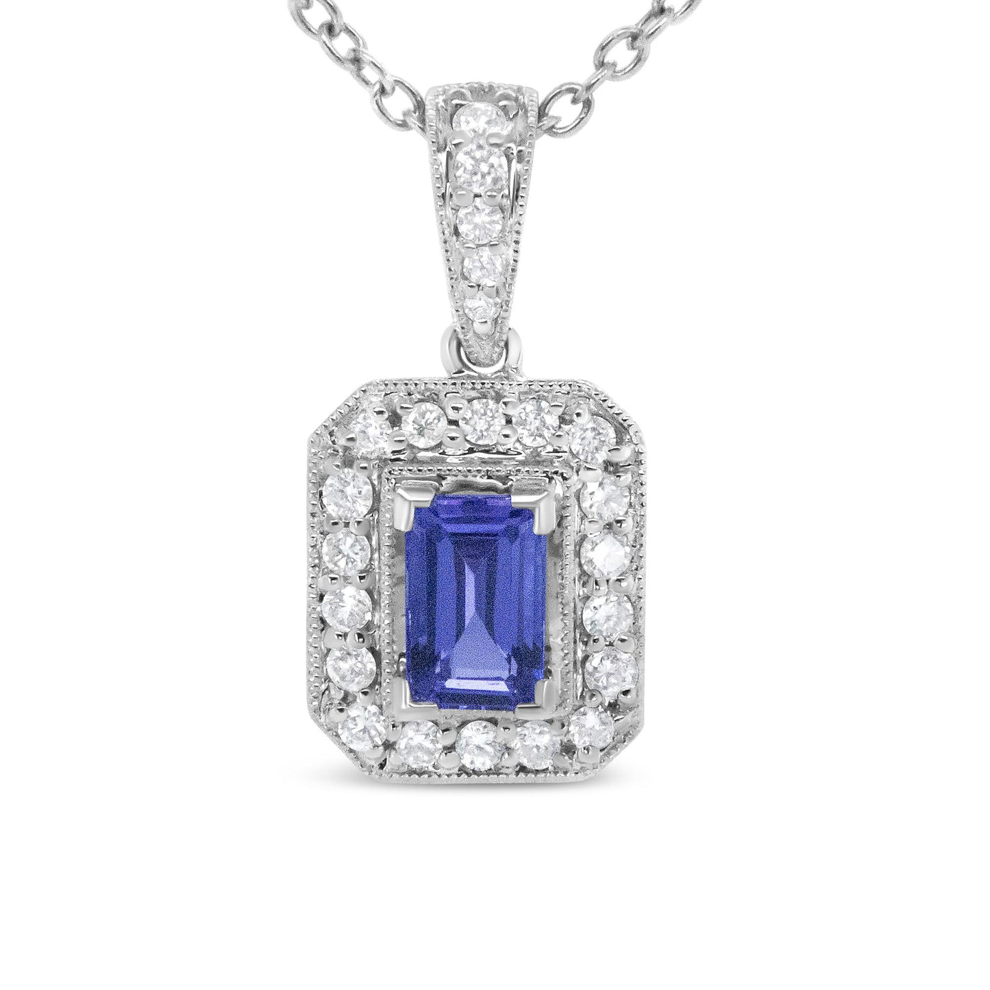 Front-facing close-up of a white metal necklace pendant featuring a central emerald-shaped purple gemstone in a prong setting, surrounded by a border of round white gemstones in a pave setting, with additional round white gemstones on the bail.