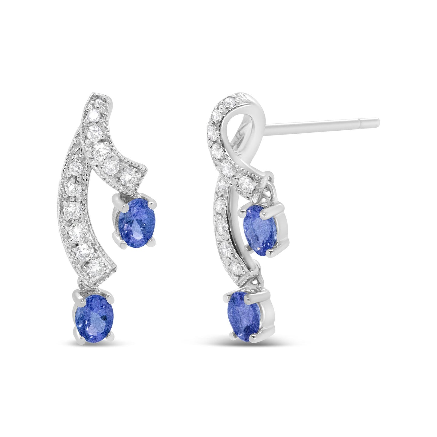 Front and side view of white metal earrings with curved design, featuring round white gemstones and two oval blue gemstones, shown against a white background.