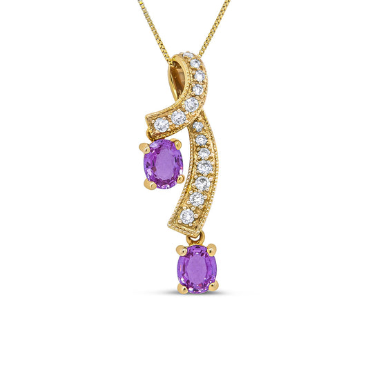 Yellow necklace pendant with an elegant curved design featuring multiple round white gemstones and two oval purple gemstones, shown in a close-up front view.