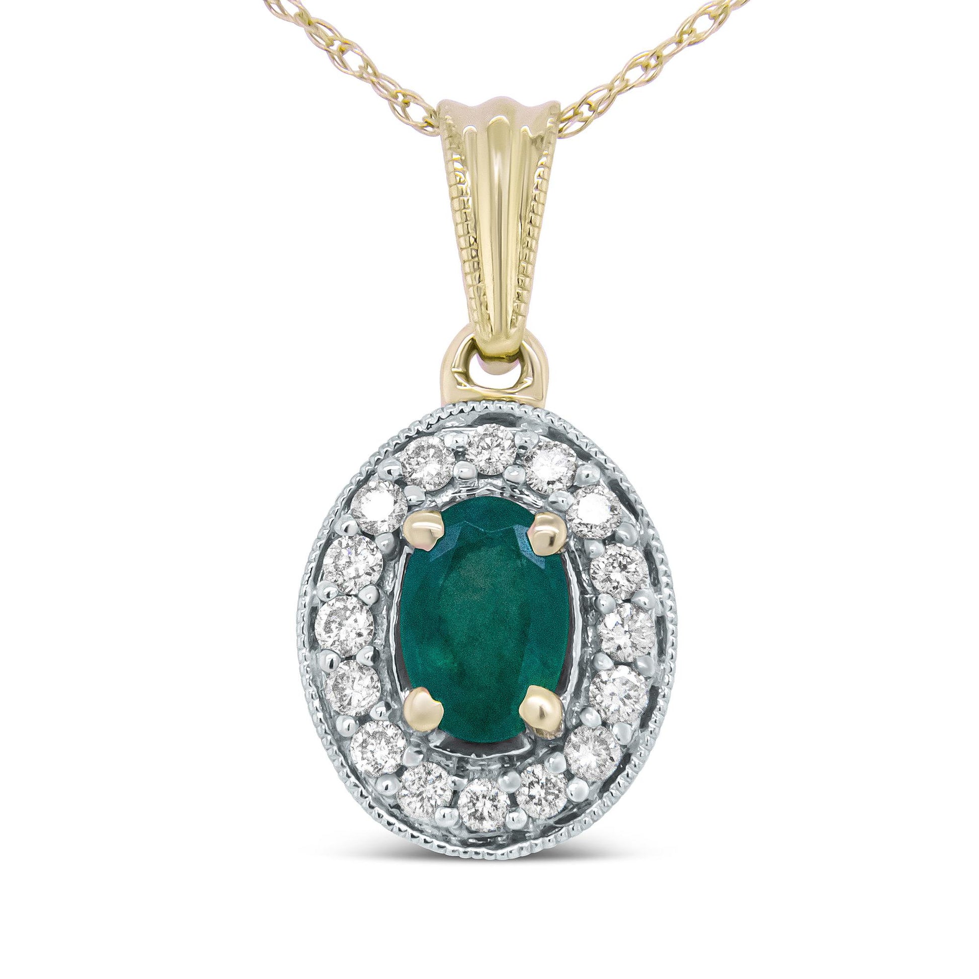 Front-facing close-up of a yellow metal necklace pendant featuring an oval green gemstone surrounded by a halo of round white gemstones in prong settings.