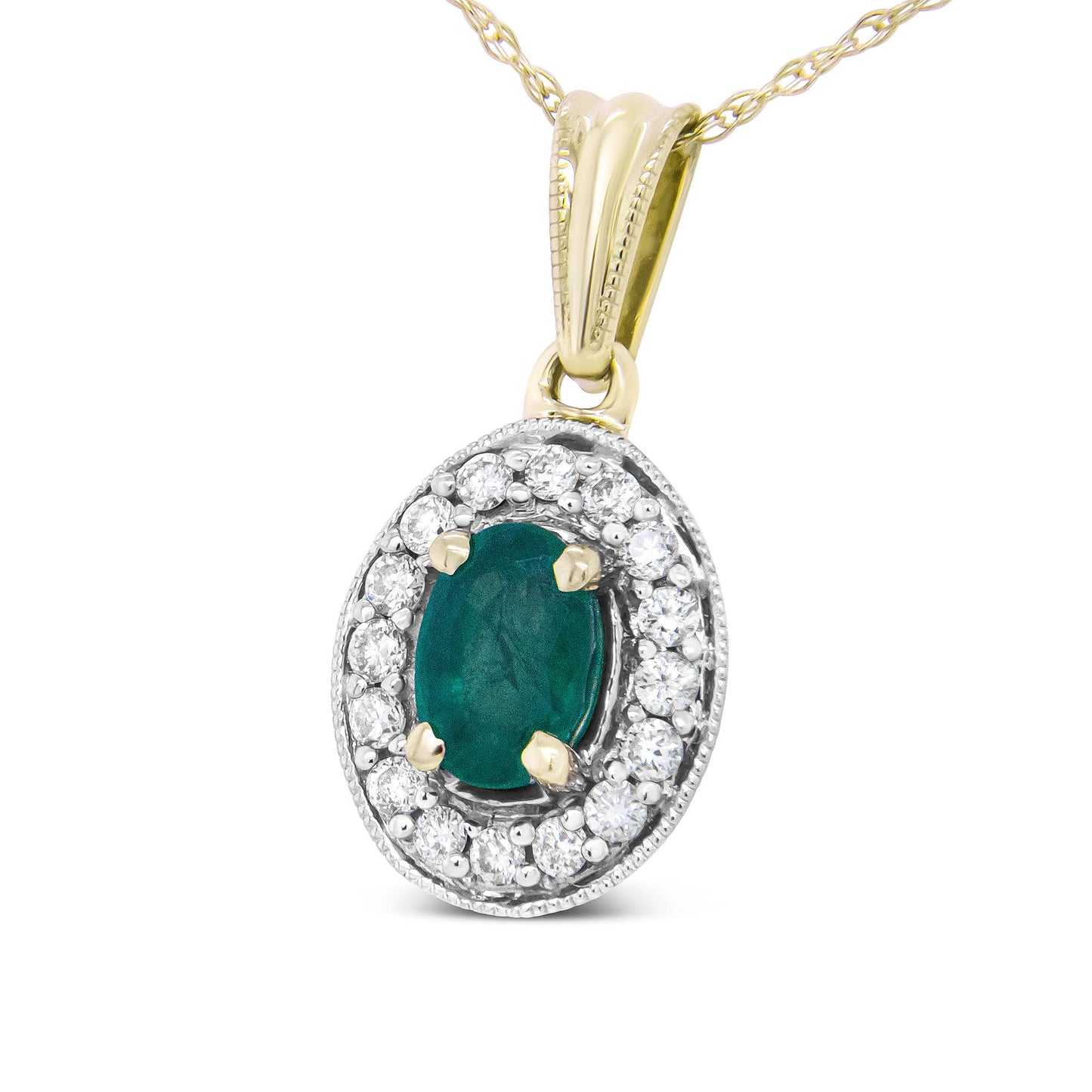 Close-up front angle of a yellow metal necklace pendant featuring an oval green gemstone surrounded by round white gemstones in a prong setting.