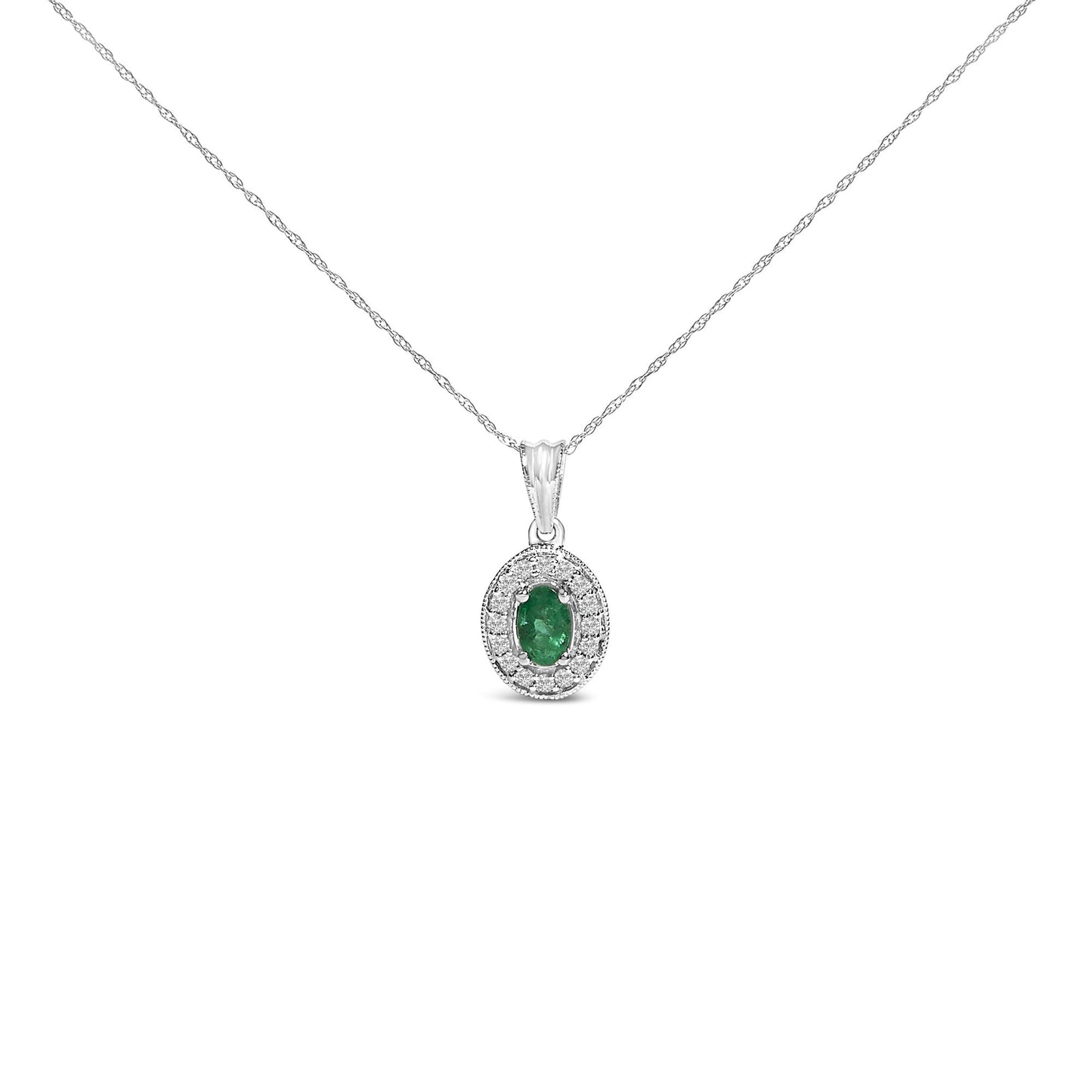 White necklace with an oval green gemstone pendant surrounded by round white gemstones, shown in a front-facing shot on a white background.