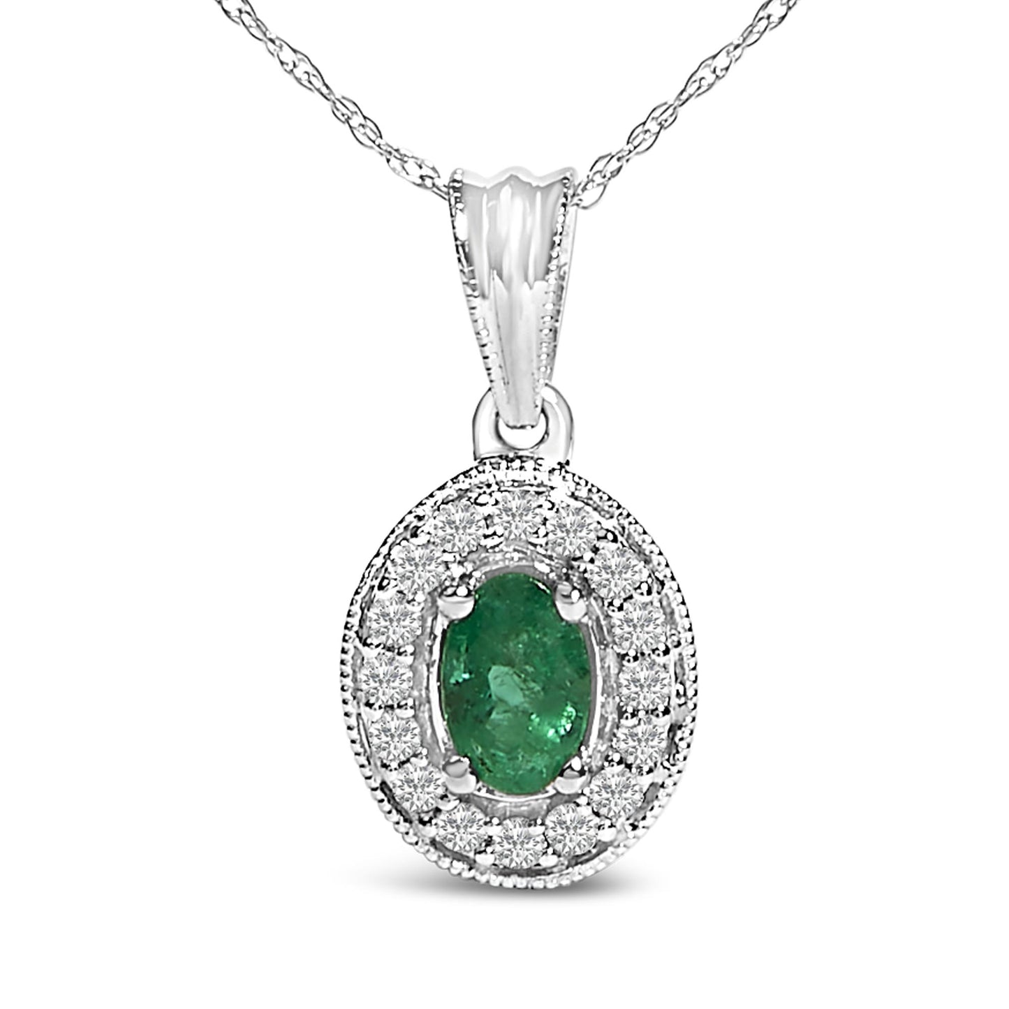 Close-up front view of a white metal necklace featuring an oval green gemstone surrounded by a halo of round white gemstones in prong settings.