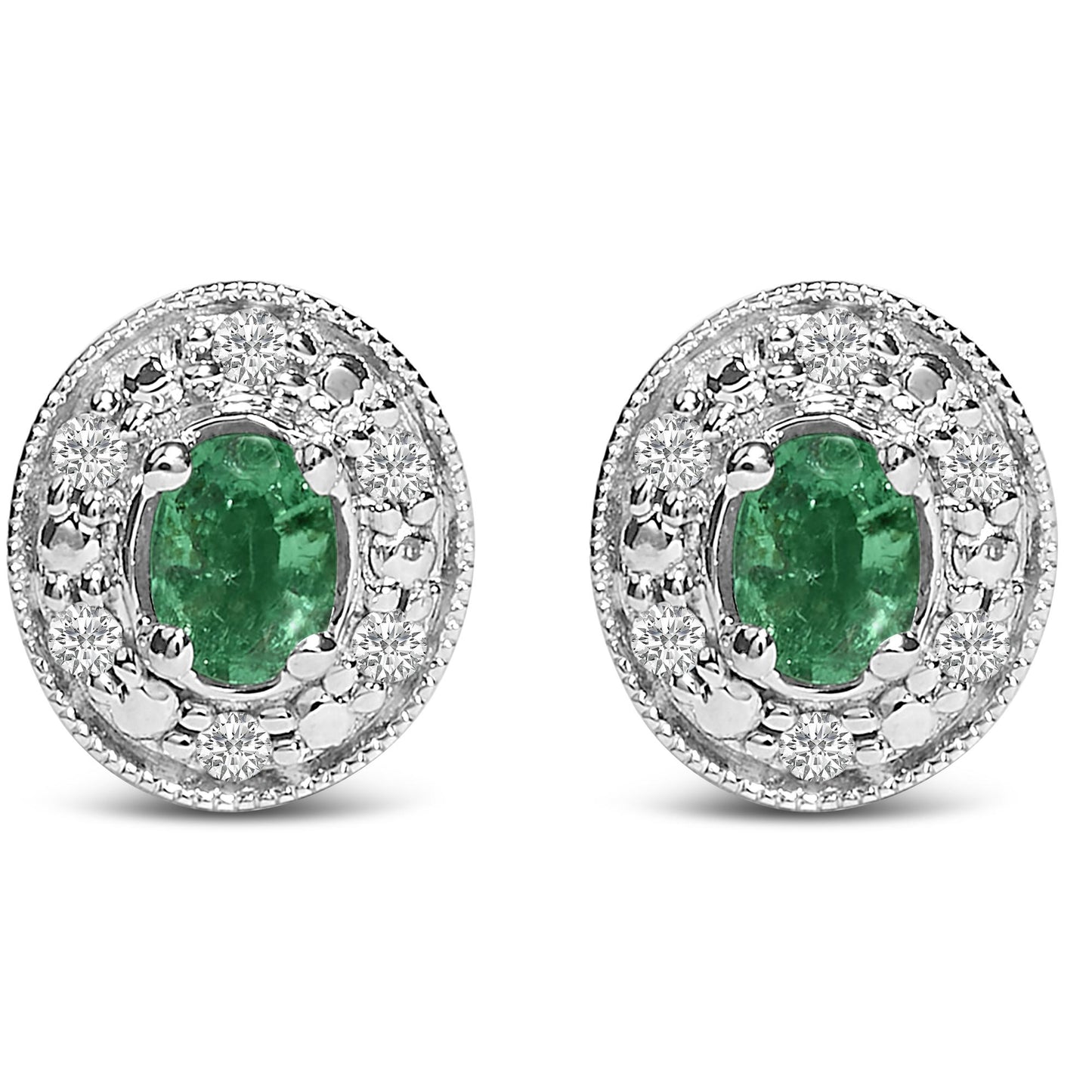 Pair of white metal oval earrings with central green oval gemstones surrounded by round white gemstones in pave setting, shown from front angle on a white background.