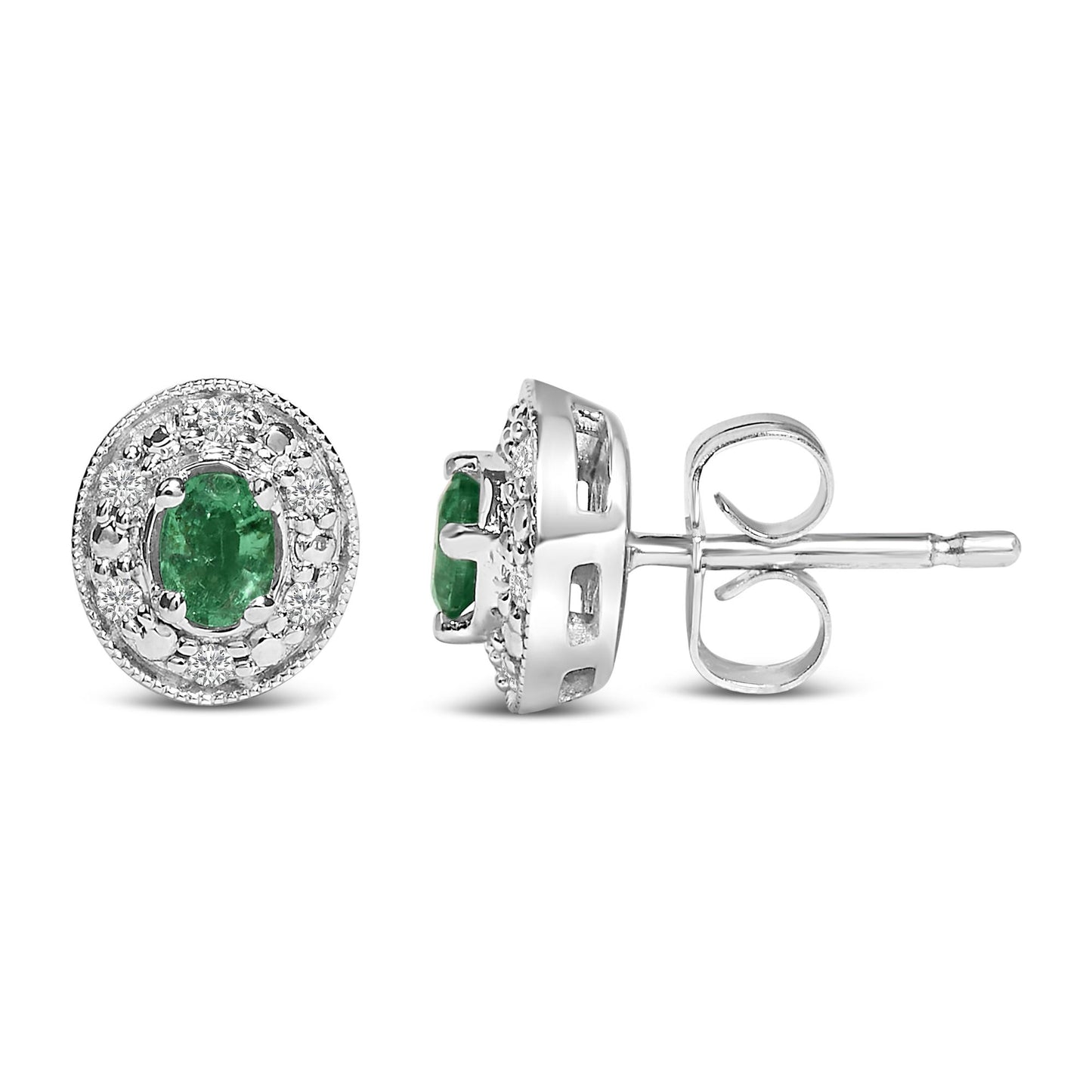 Close-up front and side views of white metal stud earrings with oval green gemstones in the center, surrounded by small white gemstones in a pave setting.