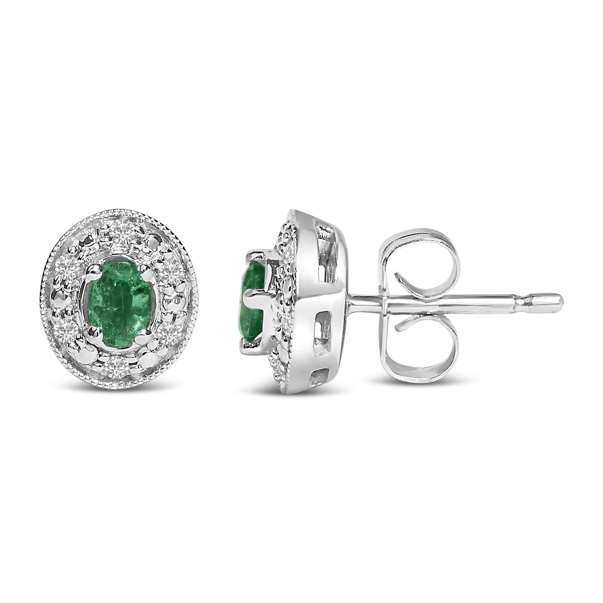 Close-up front and side views of white metal stud earrings with oval green gemstones in the center, surrounded by small white gemstones in a pave setting.