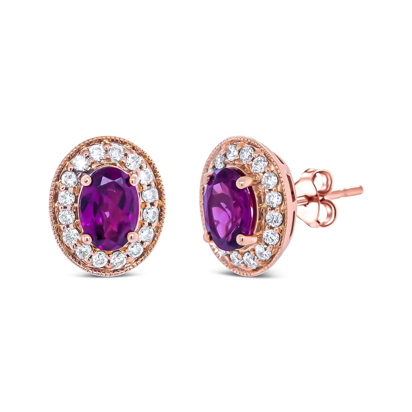 Pair of rose metal stud earrings with oval-shaped red and purple gemstones at the center, surrounded by a halo of round white gemstones, shown in a front and angled side view.