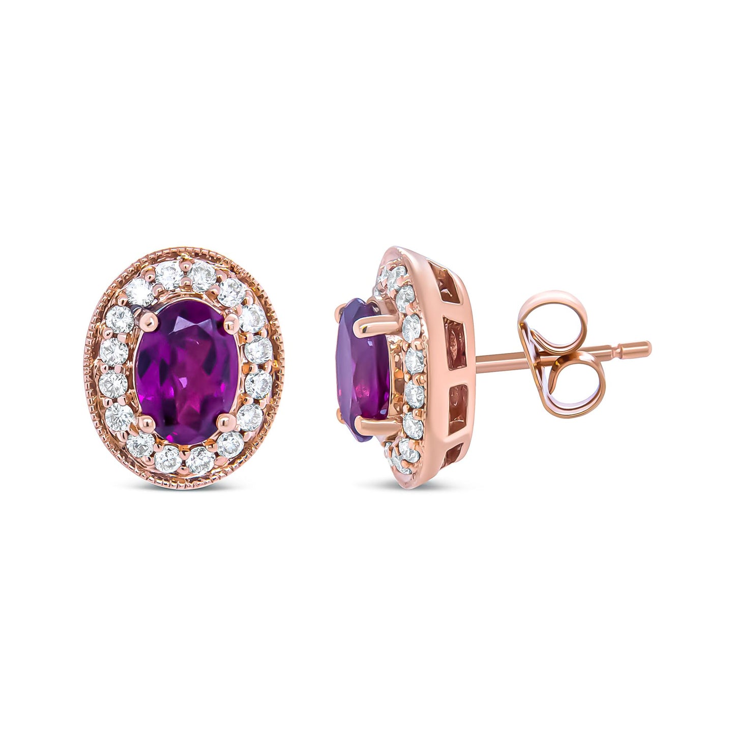Close-up front and side view of a pair of rose-colored stud earrings with oval-shaped red and purple gemstones surrounded by round white gemstones in prong settings.