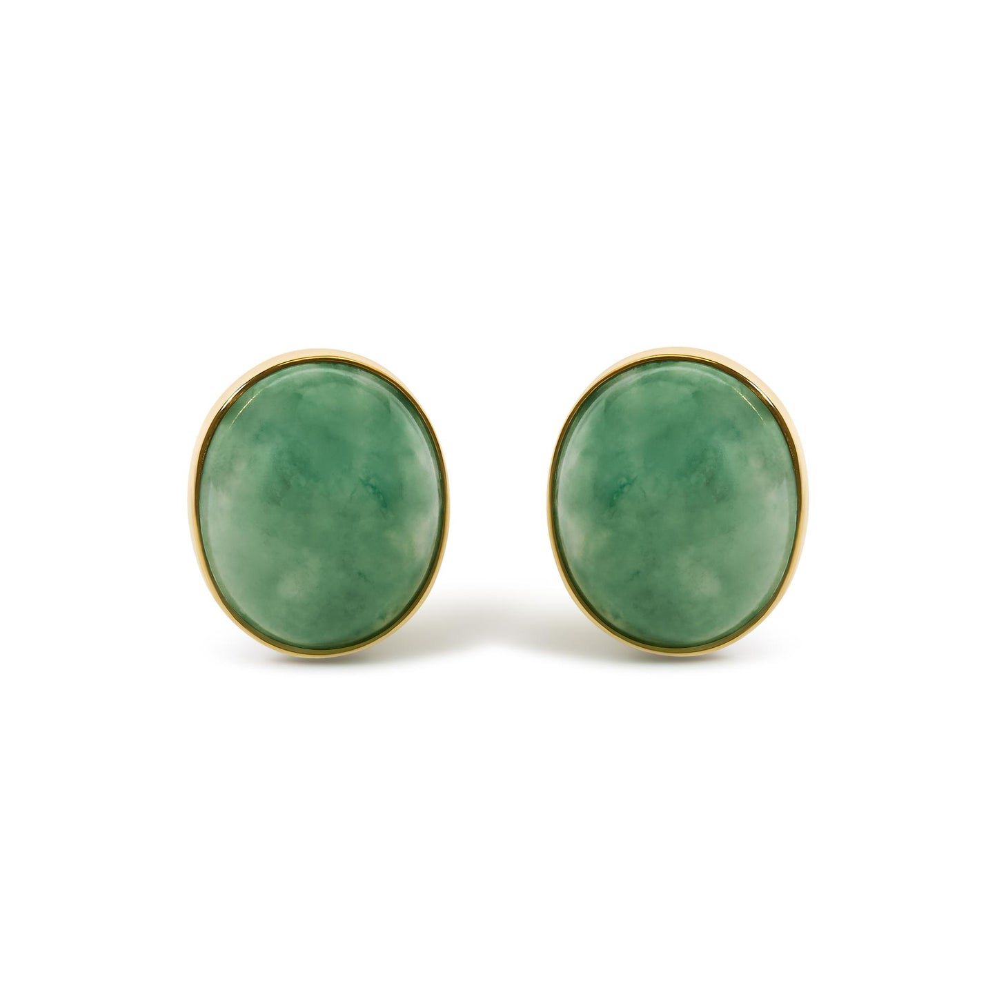 Pair of oval green gemstone bezel-set yellow metal earrings shown in a front close-up view.