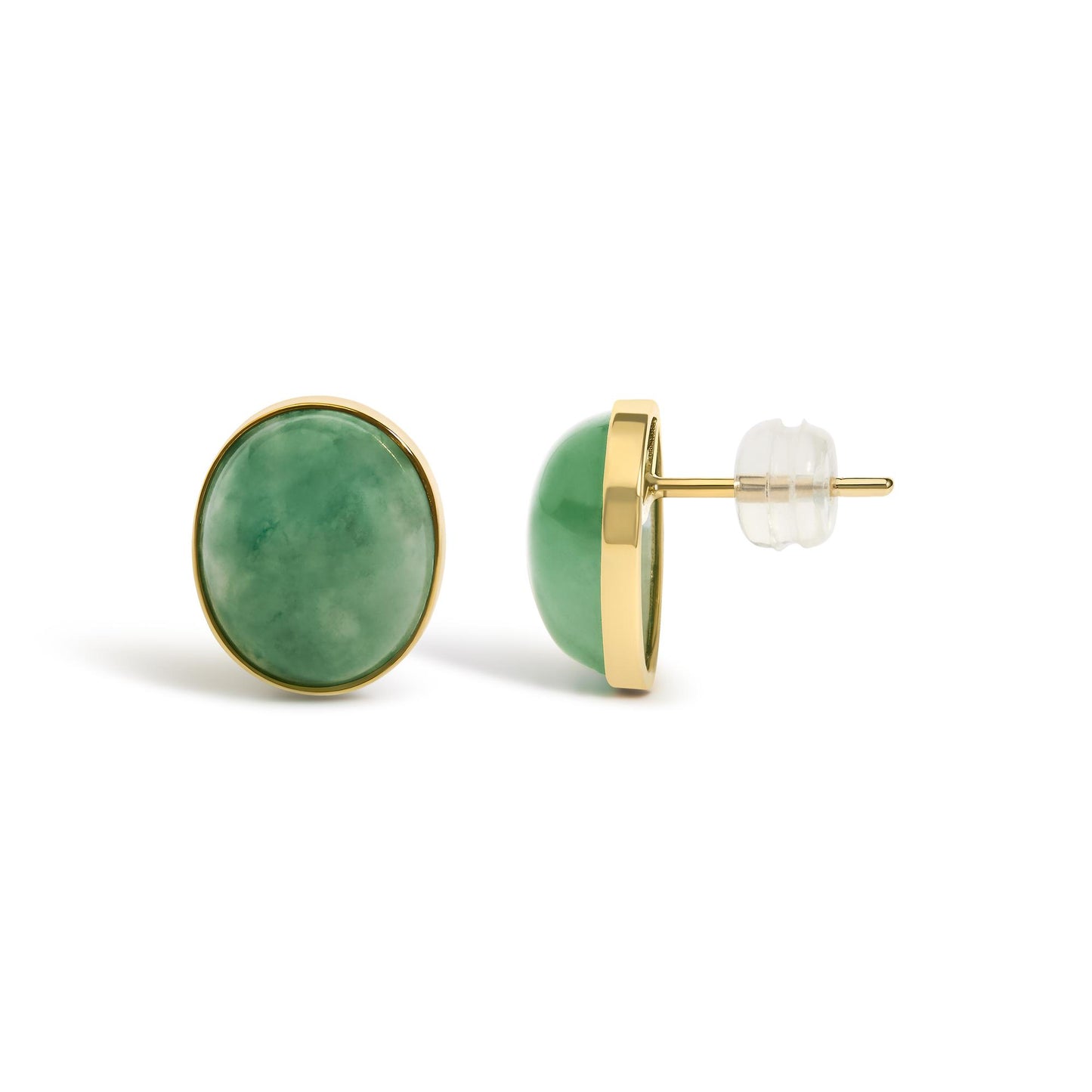 Pair of yellow metal stud earrings with oval green gemstones in bezel setting, shown in close-up front and side views on a white background.