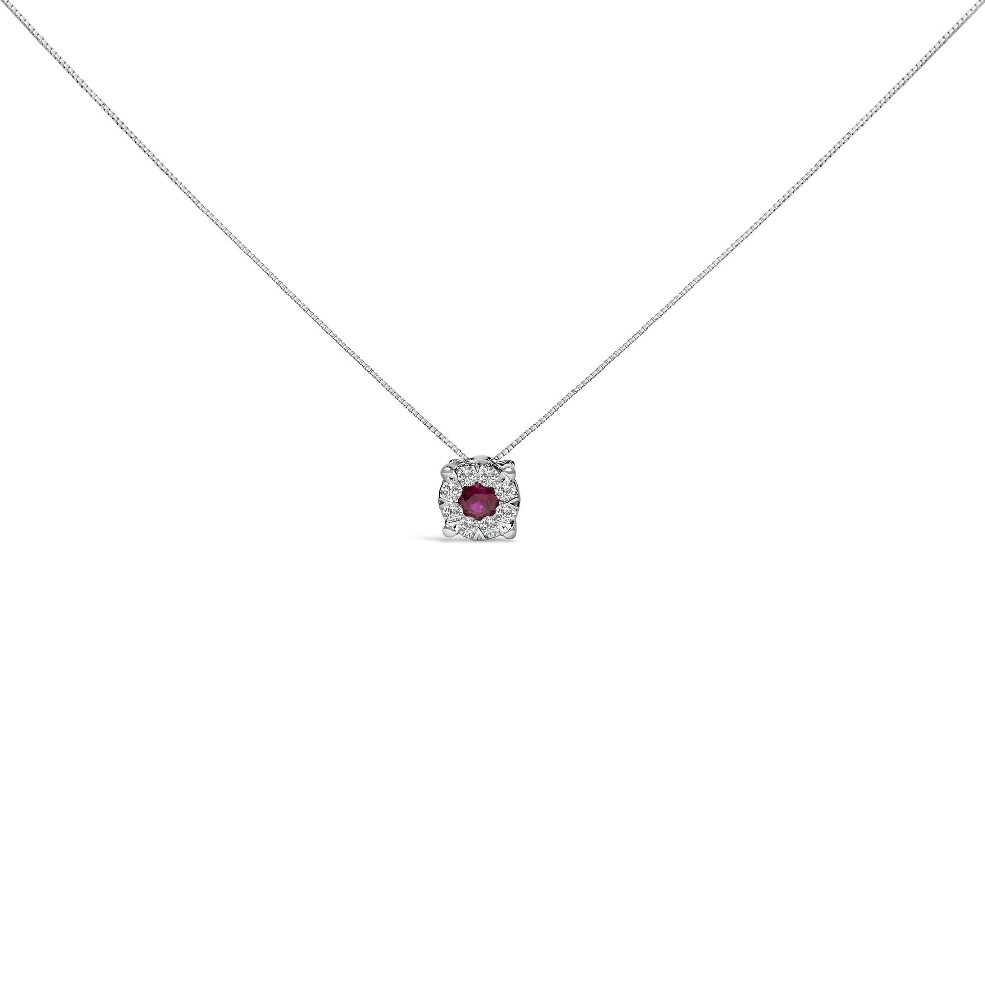 14K White Gold Red Ruby and 1/3 Cttw Diamond Halo Pendant Necklace