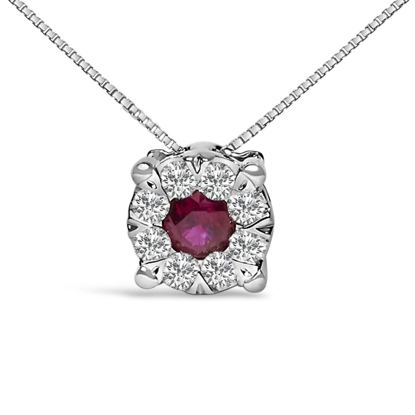 14K White Gold Red Ruby and 1/3 Cttw Diamond Halo Pendant Necklace