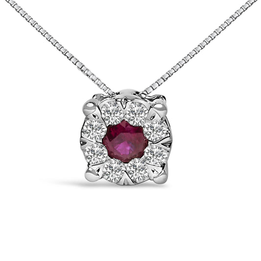 14K White Gold Red Ruby and 1/3 Cttw Diamond Halo Pendant Necklace