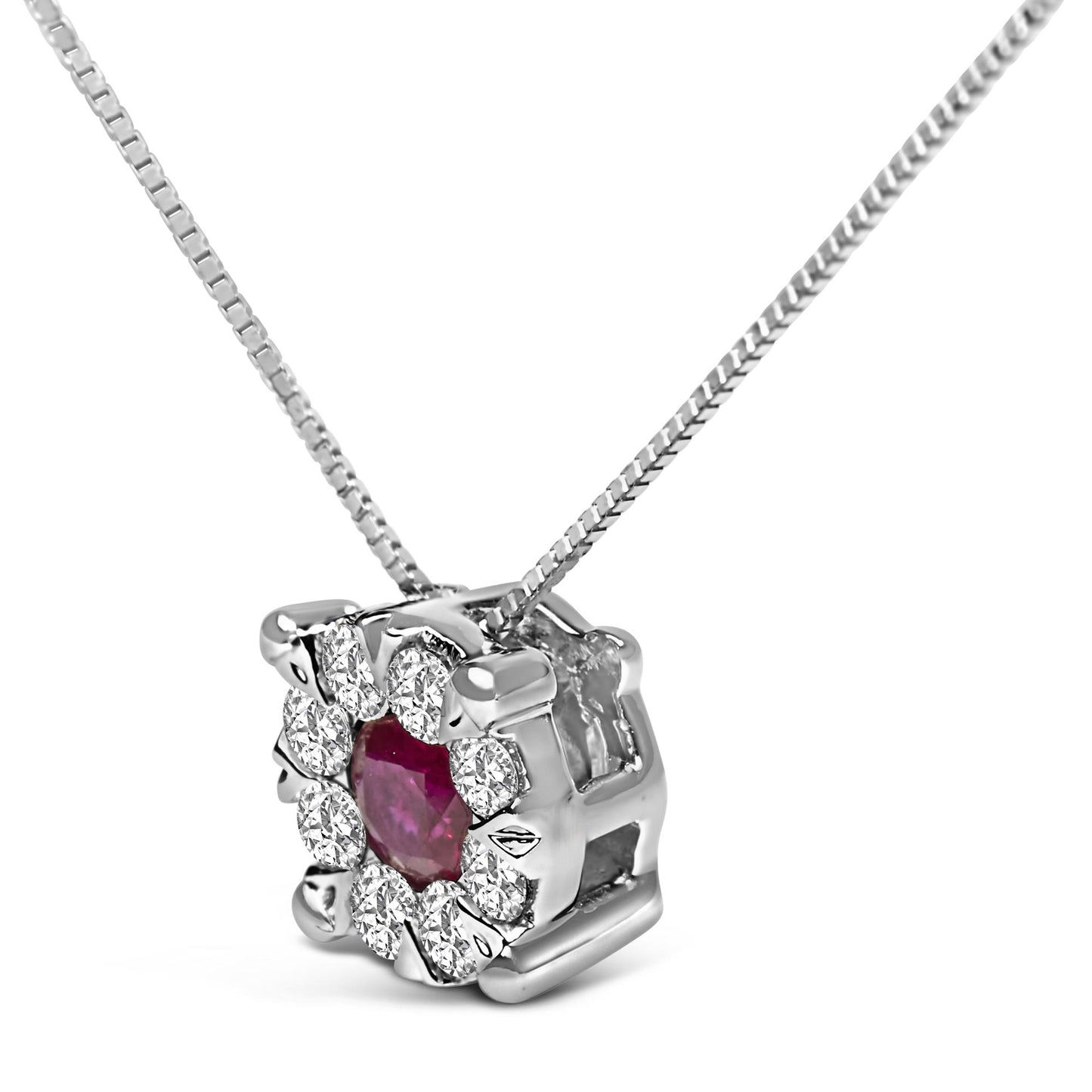 14K White Gold Red Ruby and 1/3 Cttw Diamond Halo Pendant Necklace