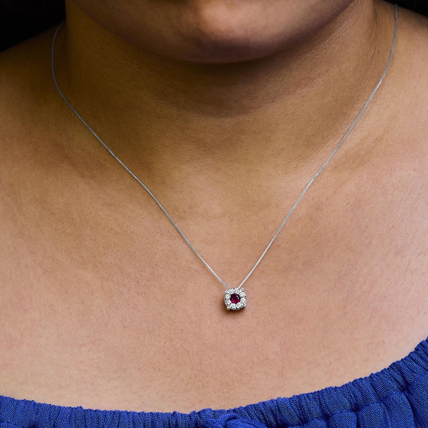 14K White Gold Red Ruby and 1/3 Cttw Diamond Halo Pendant Necklace