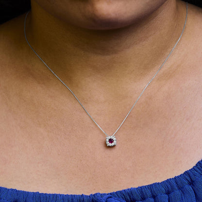 14K White Gold Red Ruby and 1/3 Cttw Diamond Halo Pendant Necklace