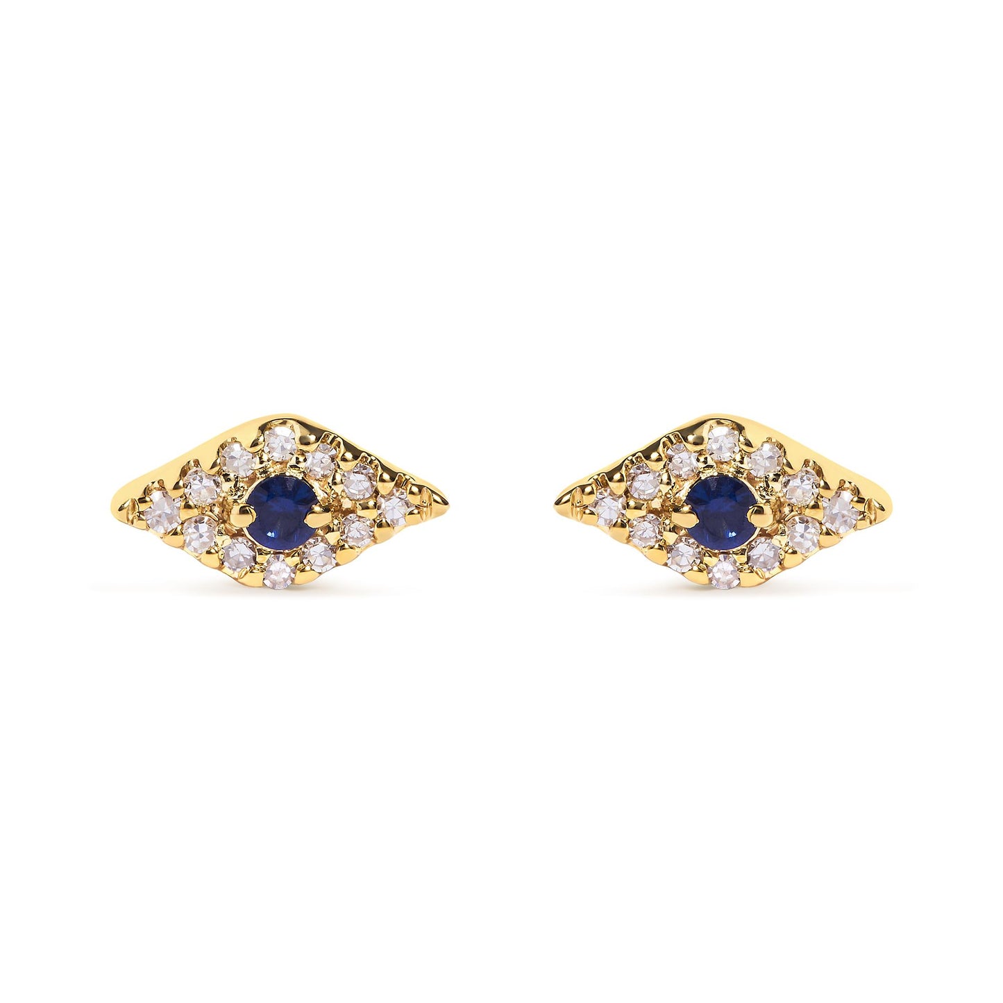 Front view of yellow metal earrings with a central blue gemstone surrounded by multiple white gemstones in a pave setting.