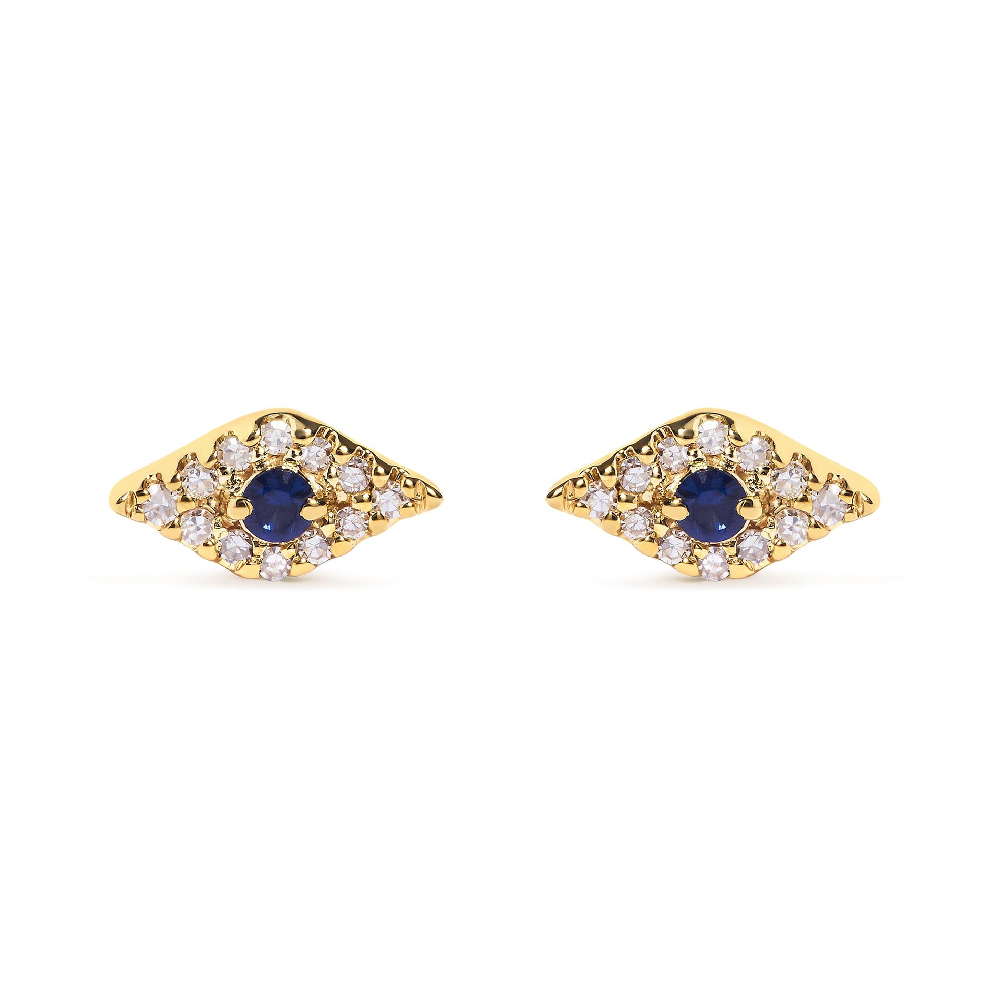 Front view of yellow metal earrings with a central blue gemstone surrounded by multiple white gemstones in a pave setting.