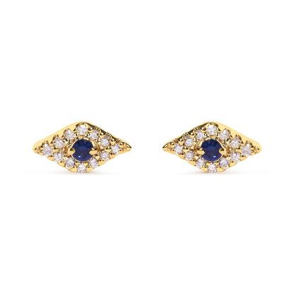 Front view of yellow metal earrings with a central blue gemstone surrounded by multiple white gemstones in a pave setting.