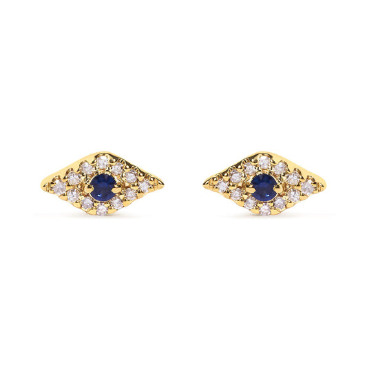 Front view of yellow metal earrings with a central blue gemstone surrounded by multiple white gemstones in a pave setting.