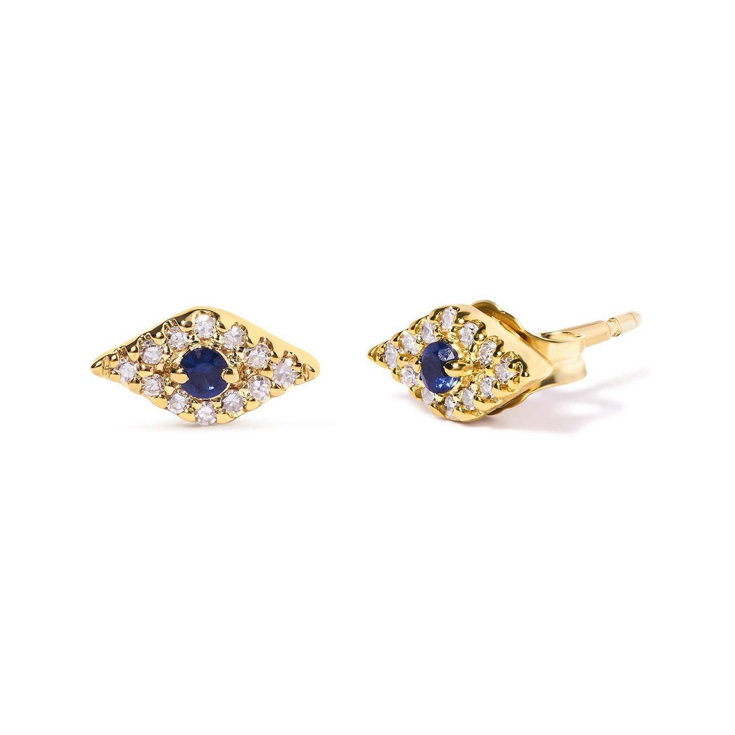 Pair of yellow metal earrings with blue and white gemstones, shown from front and side angles on a white background.