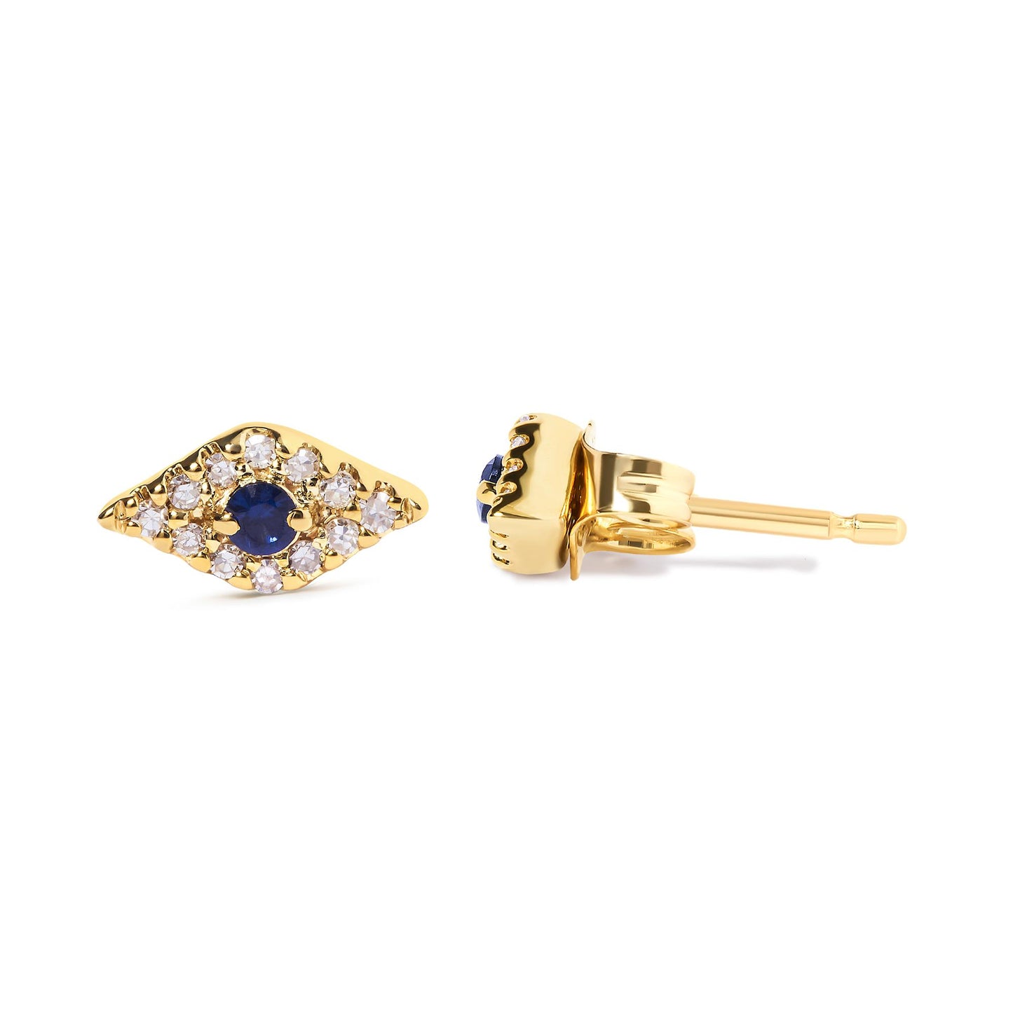 Pair of yellow metal stud earrings with round blue and white gemstones arranged in a marquise shape, shown from front and side angles on a white background.