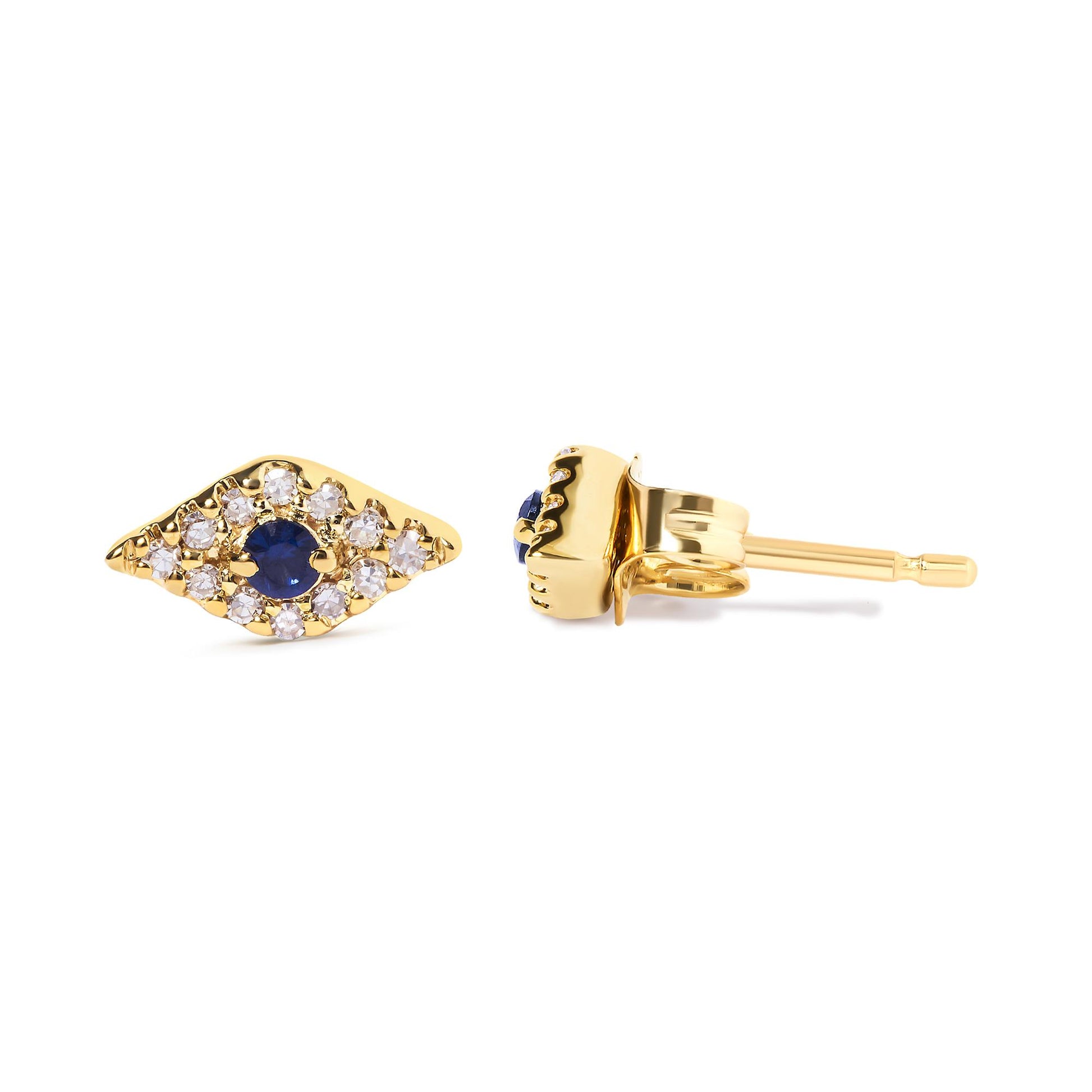 Pair of yellow metal stud earrings with round blue and white gemstones arranged in a marquise shape, shown from front and side angles on a white background.